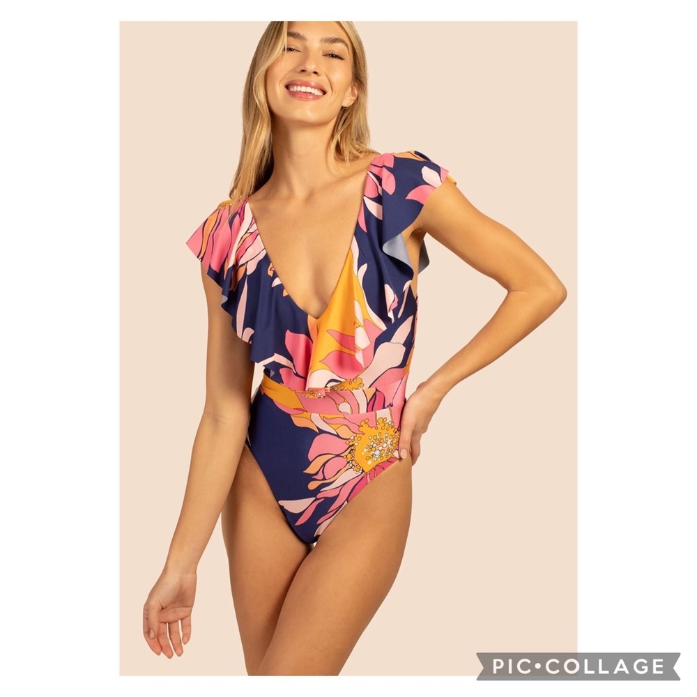 Trina Turk Breeze Ruffle Plunge One Piece Swimsuit Size 14